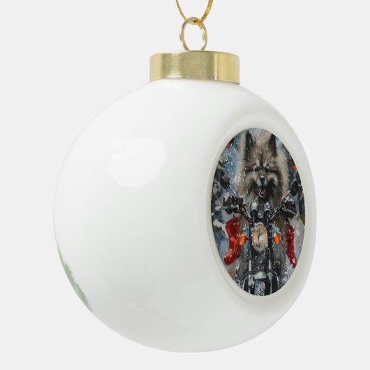 Keeshond Hond Rijden Motorfiets Kerstmis Keramische Bal Ornament (Links)