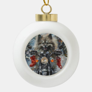 Keeshond Hond Rijden Motorfiets Kerstmis Keramische Bal Ornament