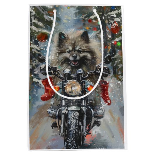 Keeshond Hond Rijden Motorfiets Kerstmis Medium Cadeauzakje (Voorkant)