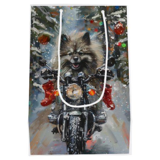Keeshond Hond Rijden Motorfiets Kerstmis Medium Cadeauzakje (Achterkant)
