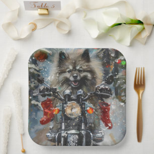 Keeshond Hond Rijden Motorfiets Kerstmis Papieren Bordje
