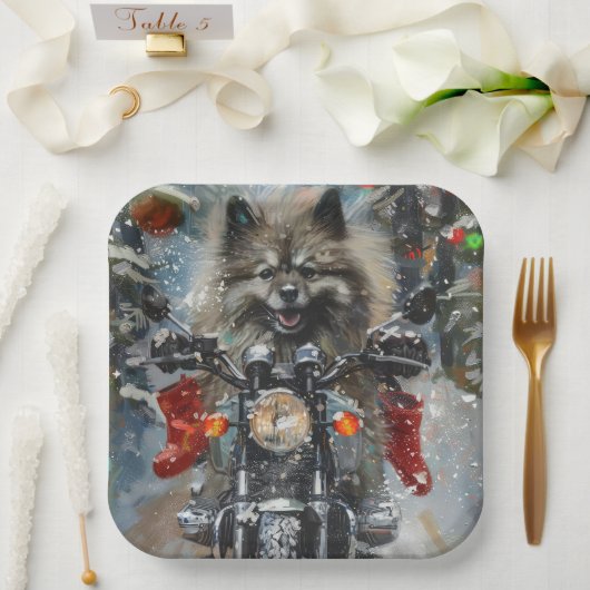 Keeshond Hond Rijden Motorfiets Kerstmis Papieren Bordje (Huwelijk)