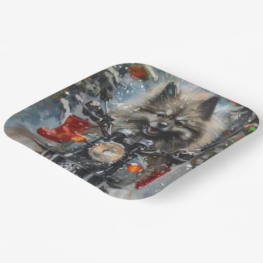 Keeshond Hond Rijden Motorfiets Kerstmis Papieren Bordje (Gebogen)