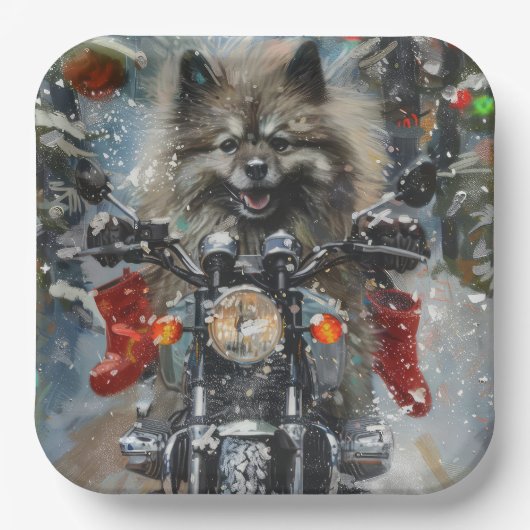 Keeshond Hond Rijden Motorfiets Kerstmis Papieren Bordje (Voorkant)