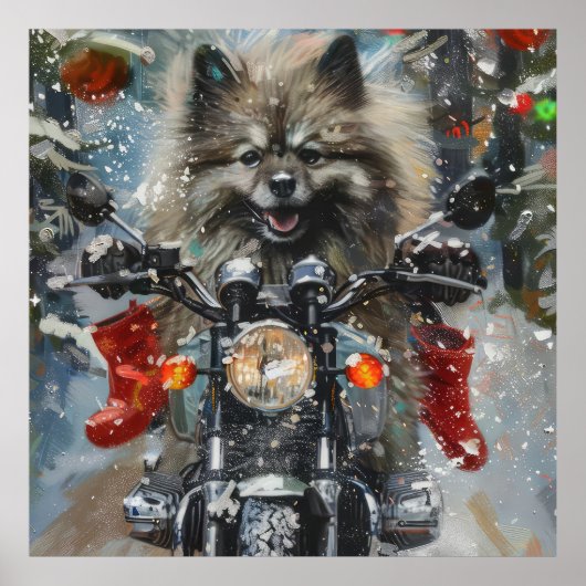 Keeshond Hond Rijden Motorfiets Kerstmis Poster (Voorkant)