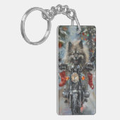Keeshond Hond Rijden Motorfiets Kerstmis Sleutelhanger (Voorkant Links)