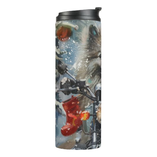 Keeshond Hond Rijden Motorfiets Kerstmis Thermosbeker (Gedraaid links)