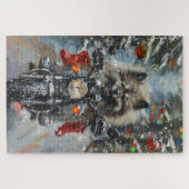 Keeshond-hond rijdt op motorfiets met Kerstmis Legpuzzel (Horizontaal)