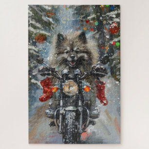 Keeshond-hond rijdt op motorfiets met Kerstmis Legpuzzel