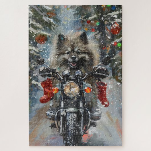 Keeshond-hond rijdt op motorfiets met Kerstmis Legpuzzel (Verticaal)