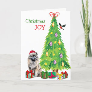 Keeshond Hond, Vogel en Kerstboom Feestdagen Kaart