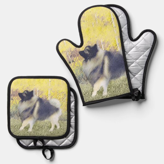 Keeshond in Aspen Schilderen Schattigee Originele  Ovenwant & Pannenlap Set (Voorkant / Achterkant)