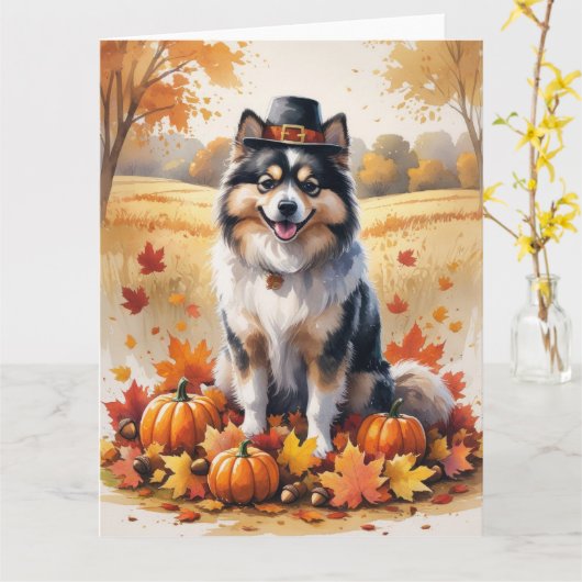 Keeshond in herfstbladeren Thanksgiving Kunst Kaart (Gele Bloem)