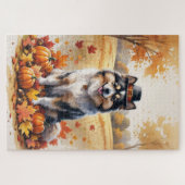 Keeshond in herfstbladeren Thanksgiving Kunst Legpuzzel (Horizontaal)