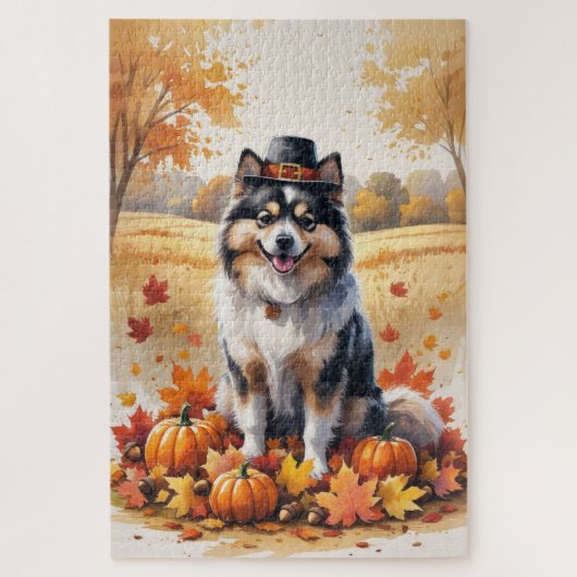 Keeshond in herfstbladeren Thanksgiving Kunst Legpuzzel (Verticaal)