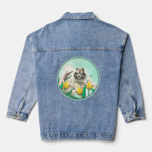 Keeshond in Tulips Painting Original Dog Art Denim Jacket