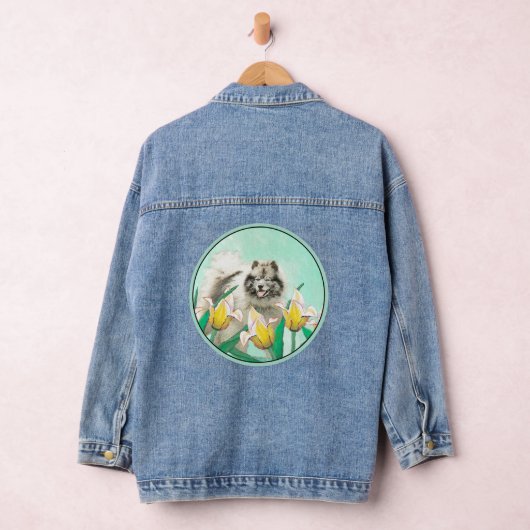 Keeshond in Tulips Painting Original Dog Art Denim Jacket (Hangar)