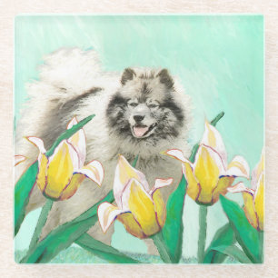 Keeshond in Tulips Painting Original Dog Art Glazen Onderzetter