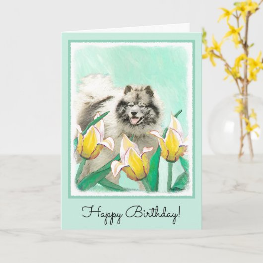 Keeshond in Tulips Painting Original Dog Art Kaart (Gele Bloem)