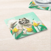 Keeshond in Tulips Painting Original Dog Art Kartonnen Onderzetters (Schuin)