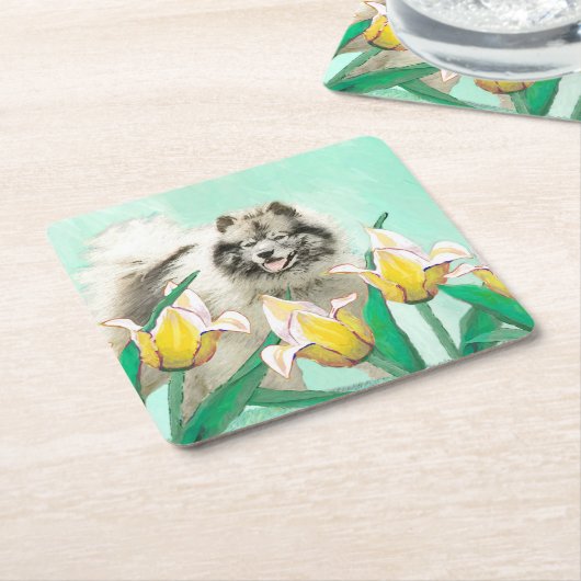 Keeshond in Tulips Painting Original Dog Art Kartonnen Onderzetters (Schuin)