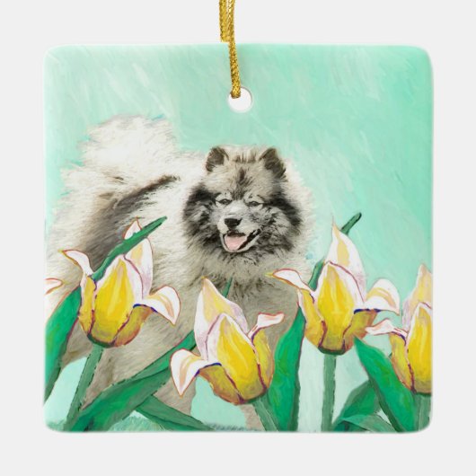 Keeshond in Tulips Painting Original Dog Art Keramisch Ornament (Voorkant)