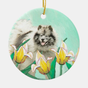 Keeshond in Tulips Painting Original Dog Art Keramisch Ornament