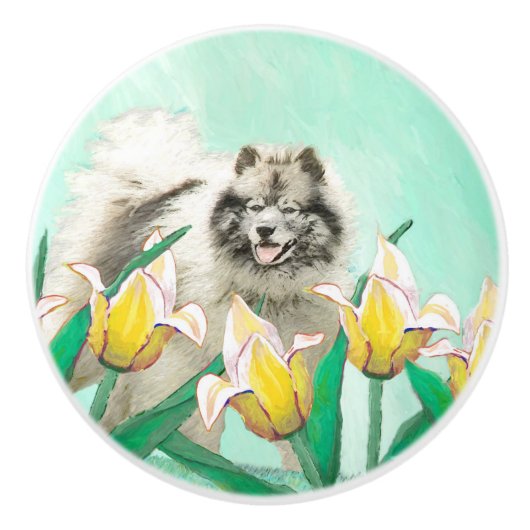 Keeshond in Tulips Painting Original Dog Art Keramische Knop (Voorkant)