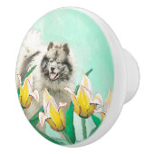 Keeshond in Tulips Painting Original Dog Art Keramische Knop (Rechts)