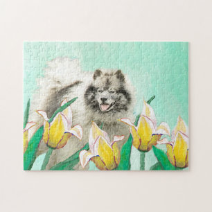 Keeshond in Tulips Painting Original Dog Art Legpuzzel