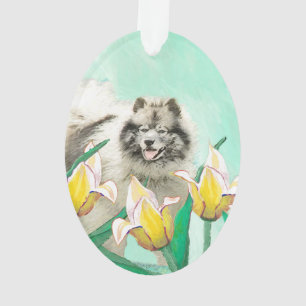 Keeshond in Tulips Painting Original Dog Art Ornament