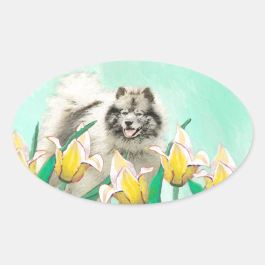 Keeshond in Tulips Painting Original Dog Art Ovale Sticker (Voorkant)