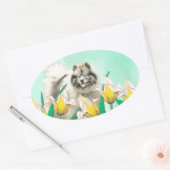 Keeshond in Tulips Painting Original Dog Art Ovale Sticker (Envelop)