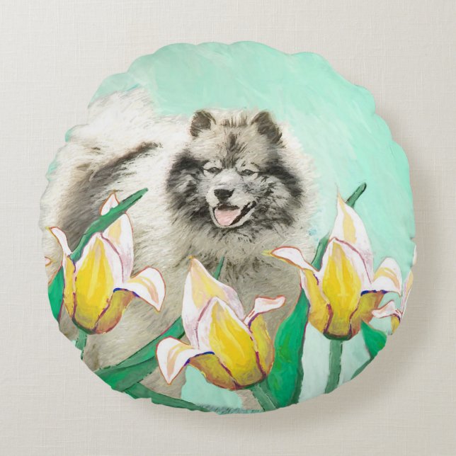 Keeshond in Tulips Painting Original Dog Art Rond Kussen (Voorkant)