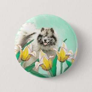 Keeshond in Tulips Painting Original Dog Art Ronde Button 5,7 Cm