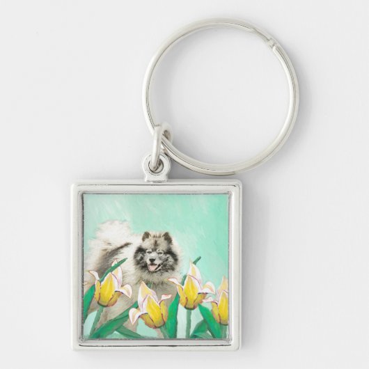 Keeshond in Tulips Painting Original Dog Art Sleutelhanger (Voorkant)