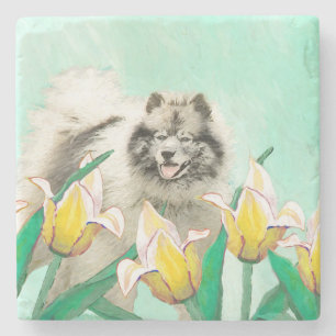 Keeshond in Tulips Painting Original Dog Art Stenen Onderzetter