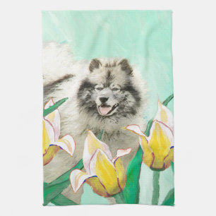 Keeshond in Tulips Painting Original Dog Art Theedoek