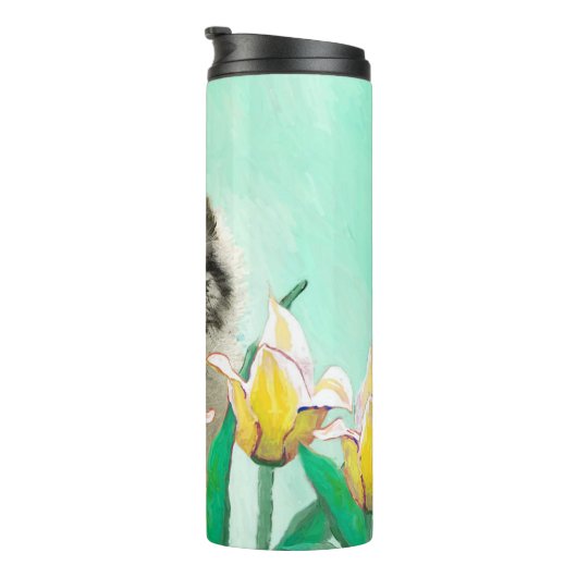 Keeshond in Tulips Painting Original Dog Art Thermosbeker (Geroteerd rechts)