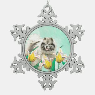 Keeshond in Tulips Painting Original Dog Art Tin Sneeuwvlok Ornament