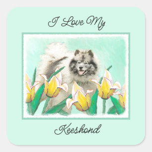 Keeshond in Tulips Painting Original Dog Art Vierkante Sticker