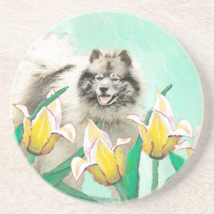 Keeshond in Tulips Painting Original Dog Art Zandsteen Onderzetter