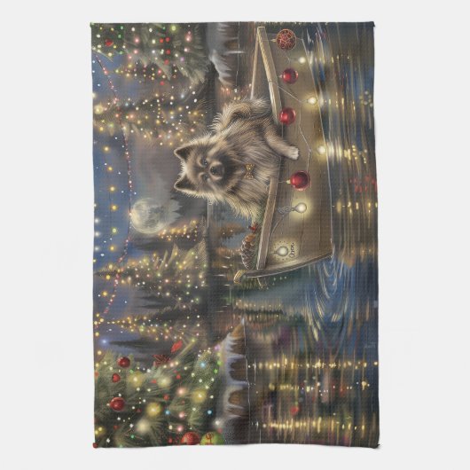 Keeshond Kerst Feestelijke Reis Theedoek (Verticaal)