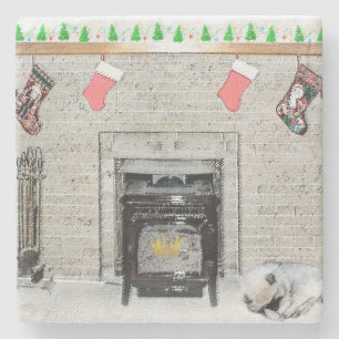 Keeshond Kerst Puppy Hond bij Schilderij Haard Stenen Onderzetter