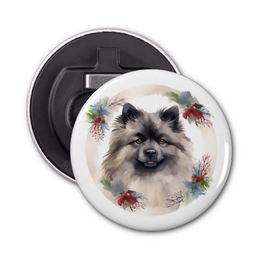 Keeshond Kerstkrans Feestelijke Pup Button Flesopener (Voorkant)