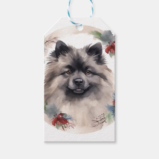 Keeshond Kerstkrans Feestelijke Pup Cadeaulabel (Voorkant)