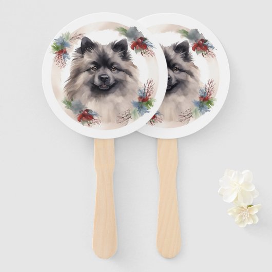 Keeshond Kerstkrans Feestelijke Pup Handwaaier (Voorkant en achterkant)