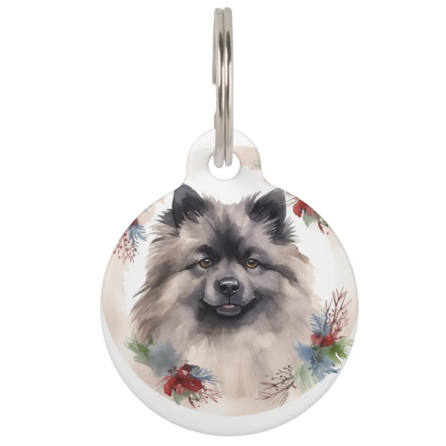 Keeshond Kerstkrans Feestelijke Pup Huisdierpenning (Voorkant)