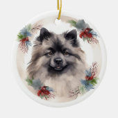 Keeshond Kerstkrans Feestelijke Pup Keramisch Ornament (Voorkant)