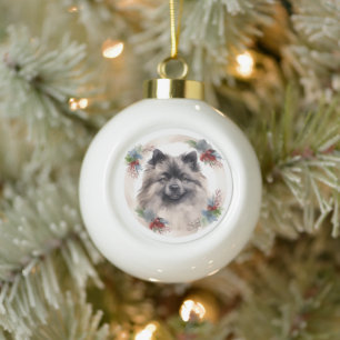 Keeshond Kerstkrans Feestelijke Pup Keramische Bal Ornament
